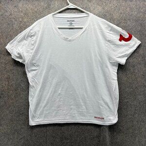 True Religion Shirt Mens Large White Red Logo Graphic V Neck 100% Cotton Tee VTG